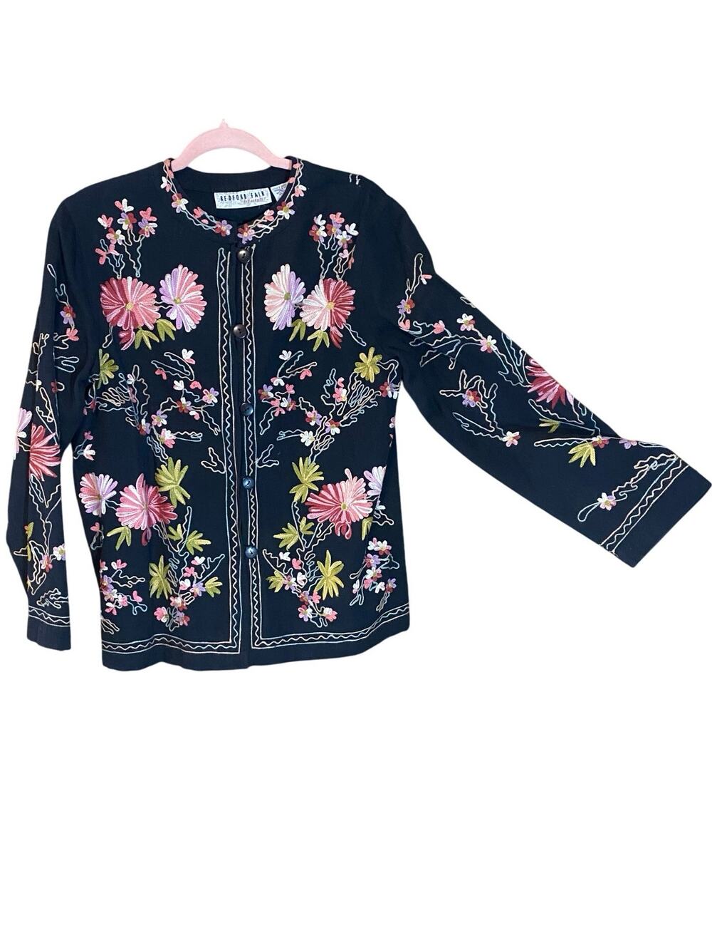 Bedford Fair Embroidered Floral Jacket Black Cotton Blend Boho India Medium